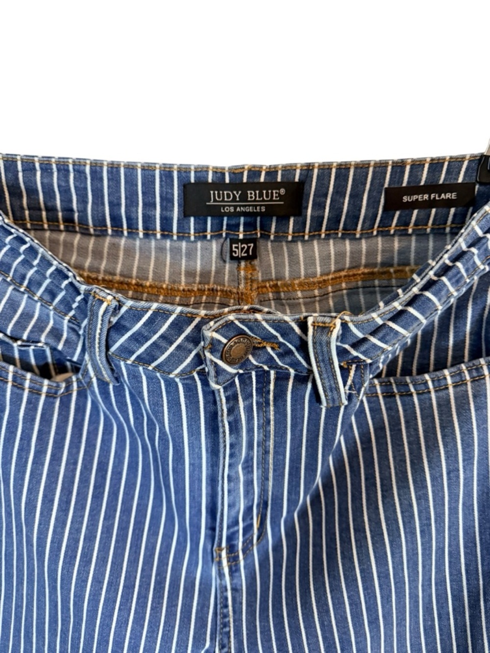 Judy Blue Striped Super Flare Jeans Size 5/27 High Rise Boho Retro Stretch Denim - Picture 7 of 9